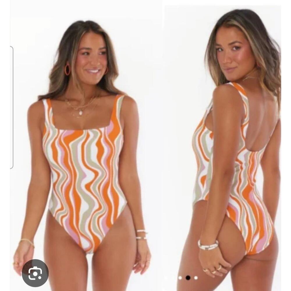 Show Me Your Mumu Women's White Orange Tan One-Piece Swimsuit Italia Size XL EUC